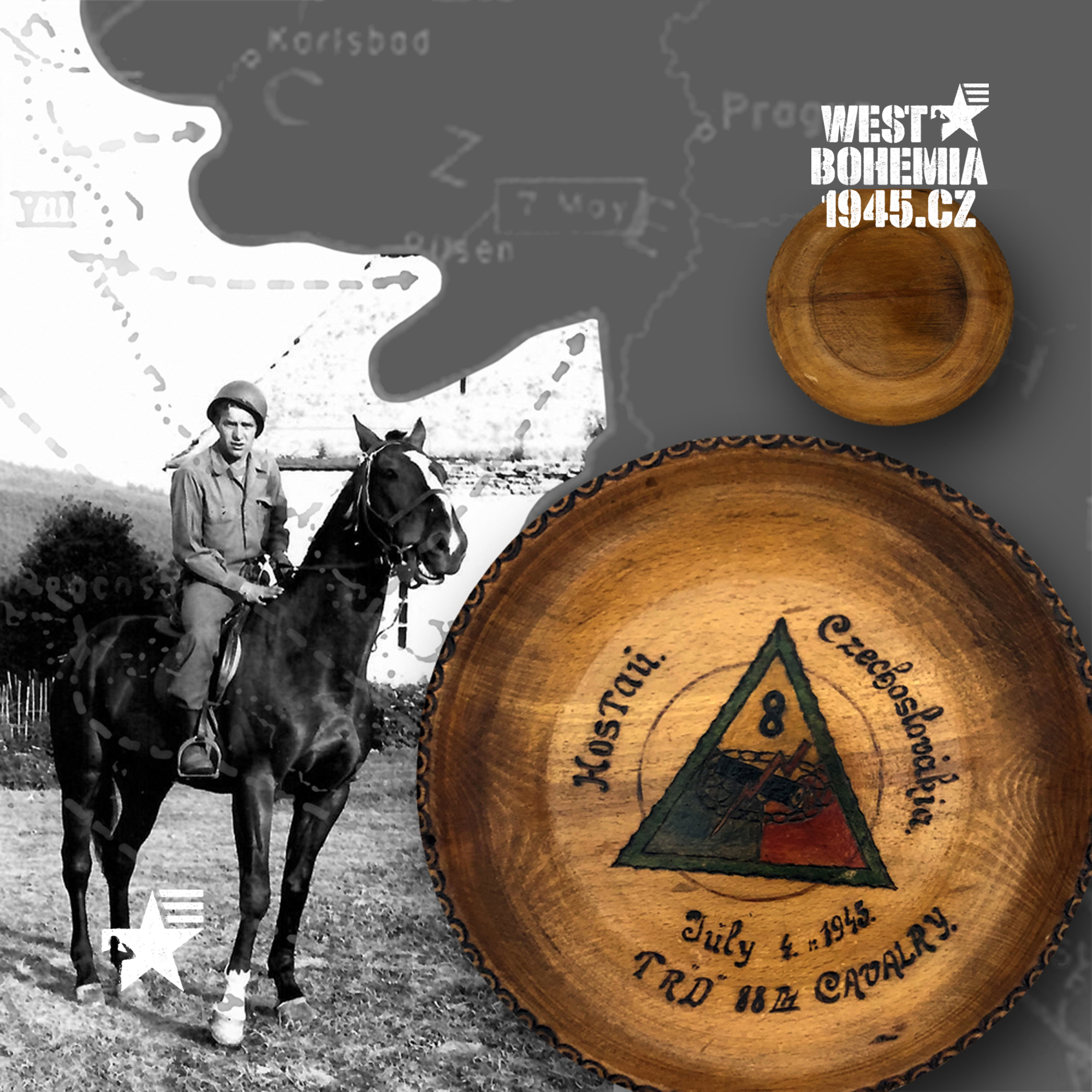 IR2002 WWII US ARMY SOUVENIR OF CZECHOSLOVAKIA WOODEN PLATE 8TH ARMORED DIVISION HOSTAU HOSTOUN JULY 4 1945