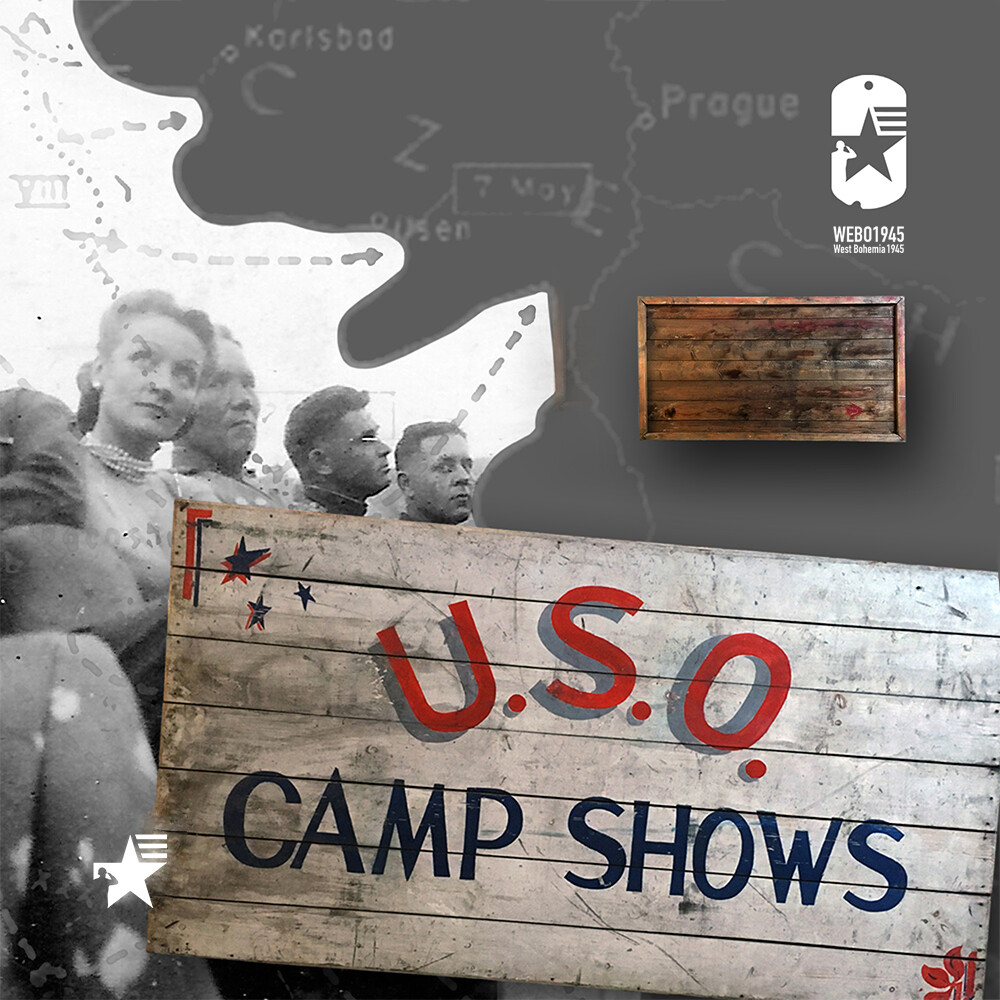 WB10002 WWII US ARMY WOODEN TABLE PAINTED U.S.O. CAMP SHOWS US XXII CORPS IN CZECHOSLOVAKIA 1945