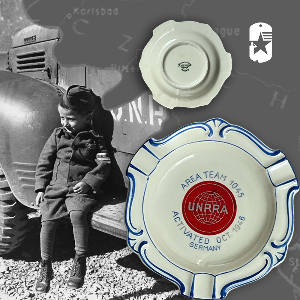 IR4005 POST-WAR UNRRA SOUVENIR OF BAVARIA THOMAS IVORY ASHTRAY 1946 AREA TEAM 1045 WEIDEN GERMANY
