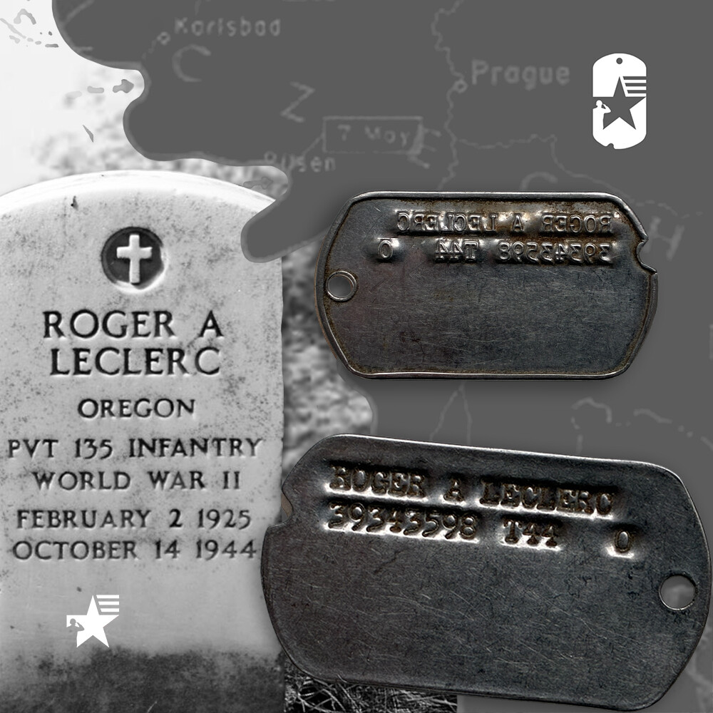 D3004 WWII US ARMY DOG TAG ASN 39343598 PVT. ROGER A LECLERC KIA OCTOBER 14 1944 CO C 135TH INFANTRY 34TH INF DIV